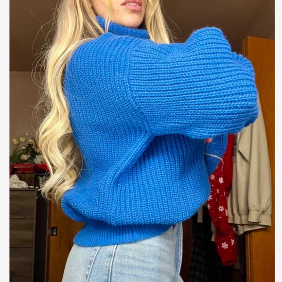 Blue Turtleneck Knit Pullover Sweater Long Sleeve - Picture 12 of 16